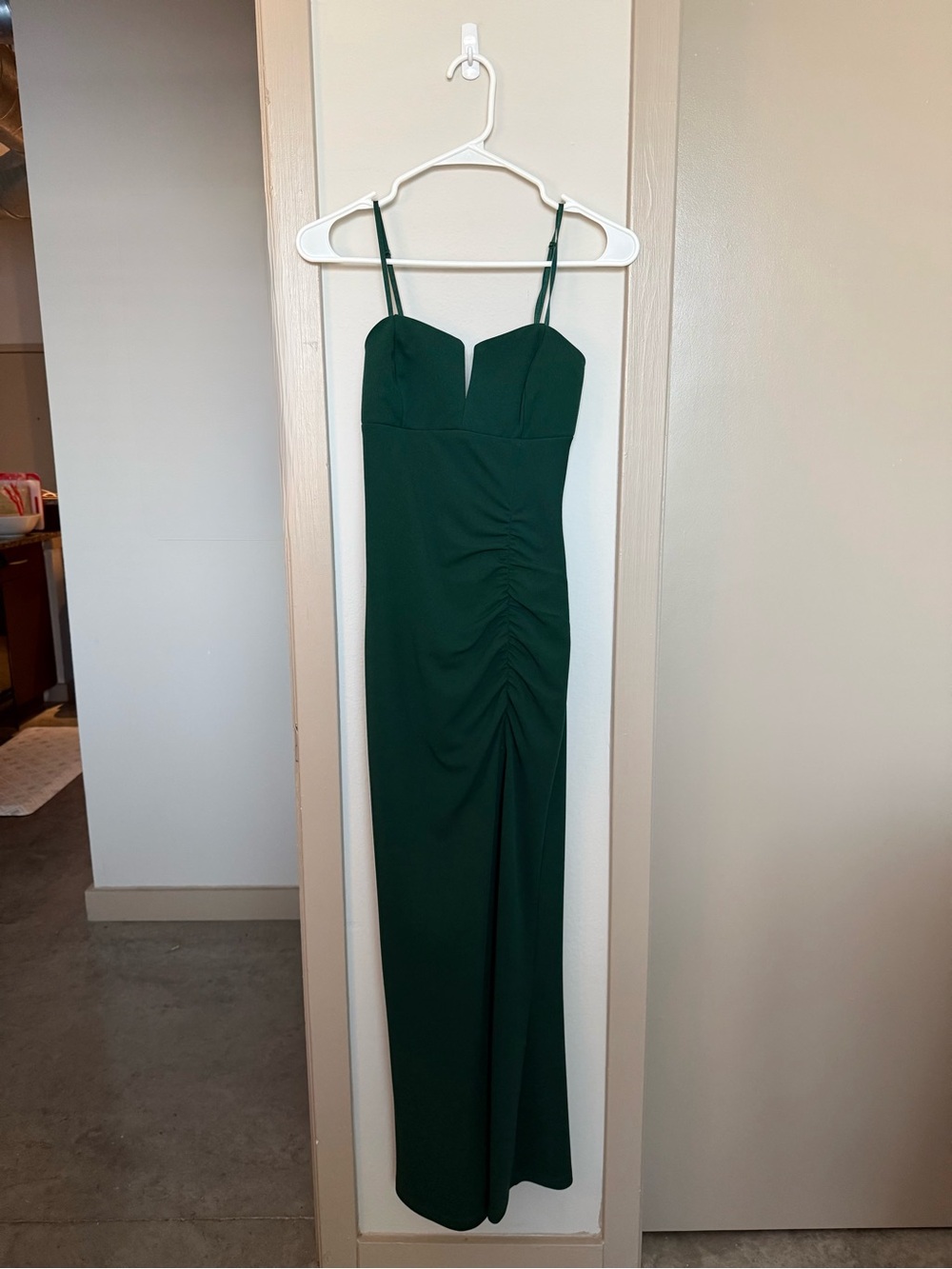 Emerald Sundae Dark Green Spaghetti Strap Ruched Maxi Dress